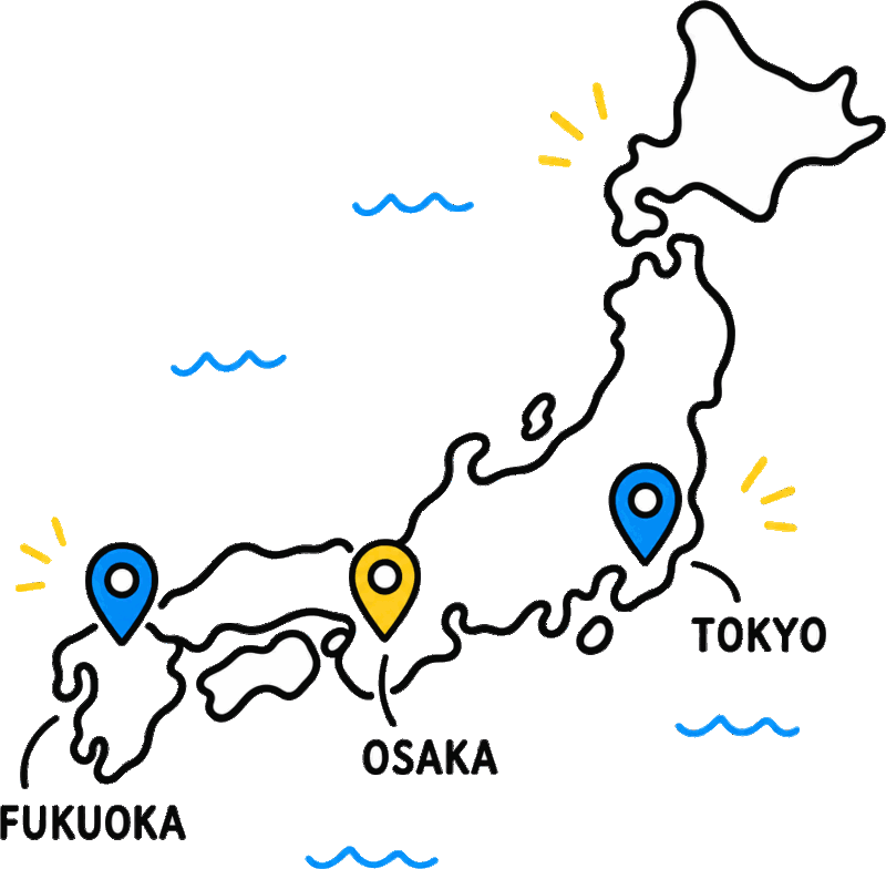 TOKYO・OSAKA・FUKUOKAにピンが立った日本地図
